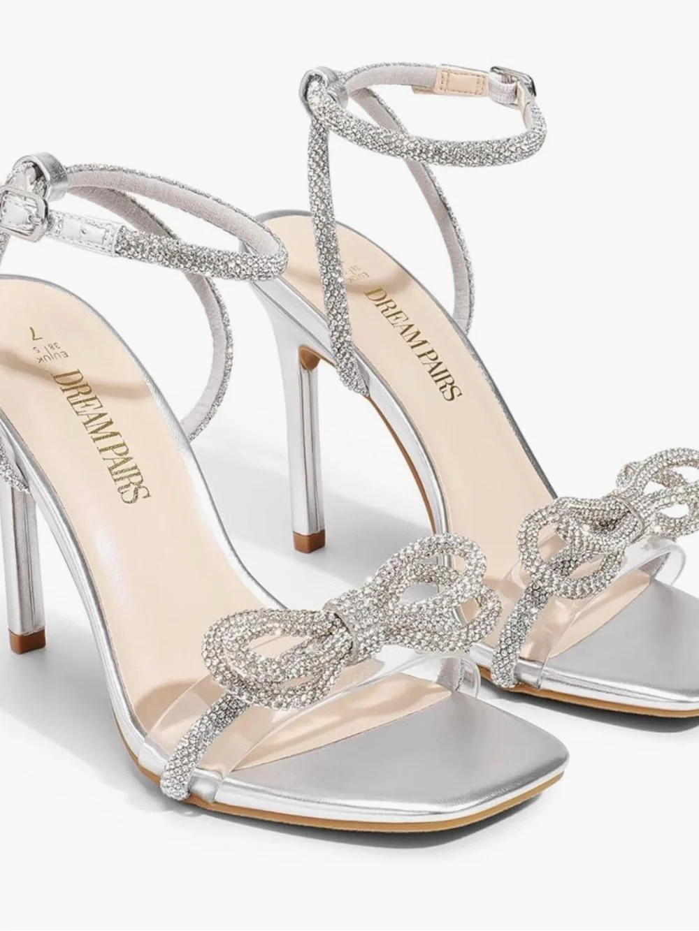 Dream Pairs Silver Rhinestone Bow Ankle-Strap Stilettos